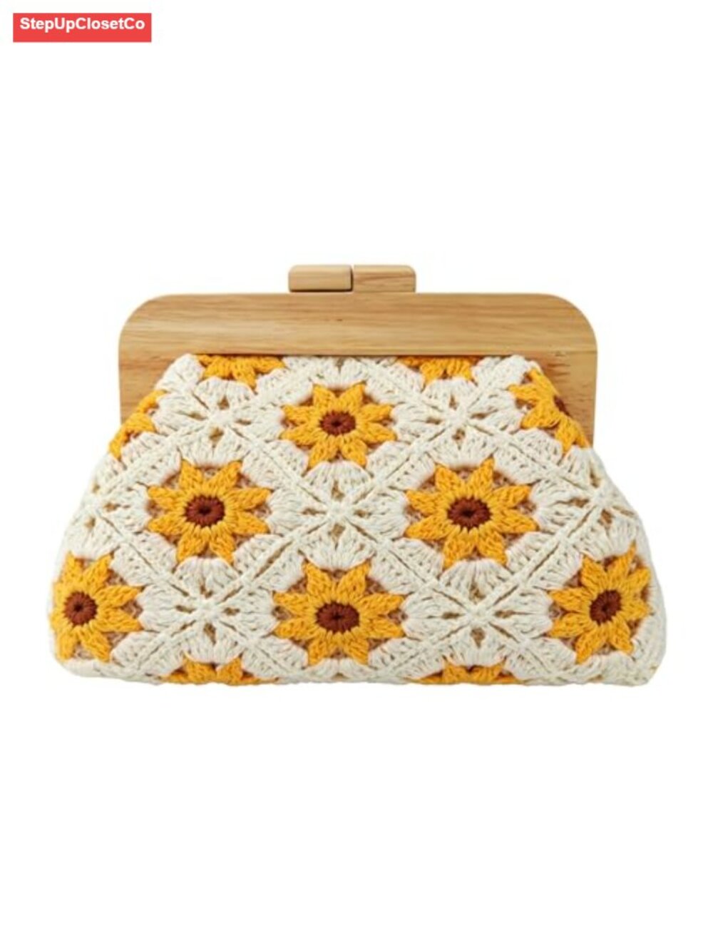 Handmade Crochet Cotton Clutch Purse with Wooden Frame Retro Floral Kiss Lock